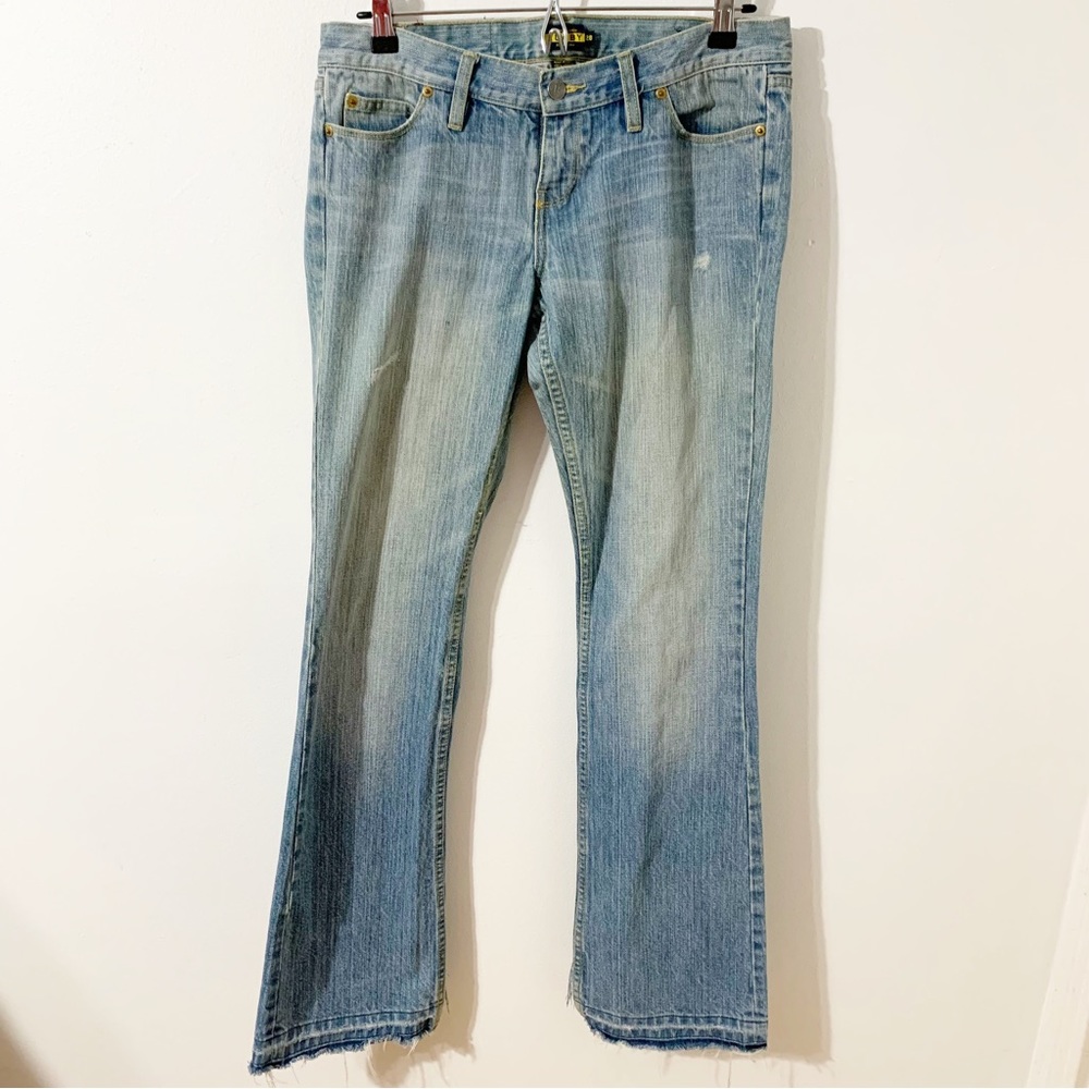Rugby by Ralph Lauren Light Wash Distress Raw Hem Wide Boot Cut Leg Denim Jeans
